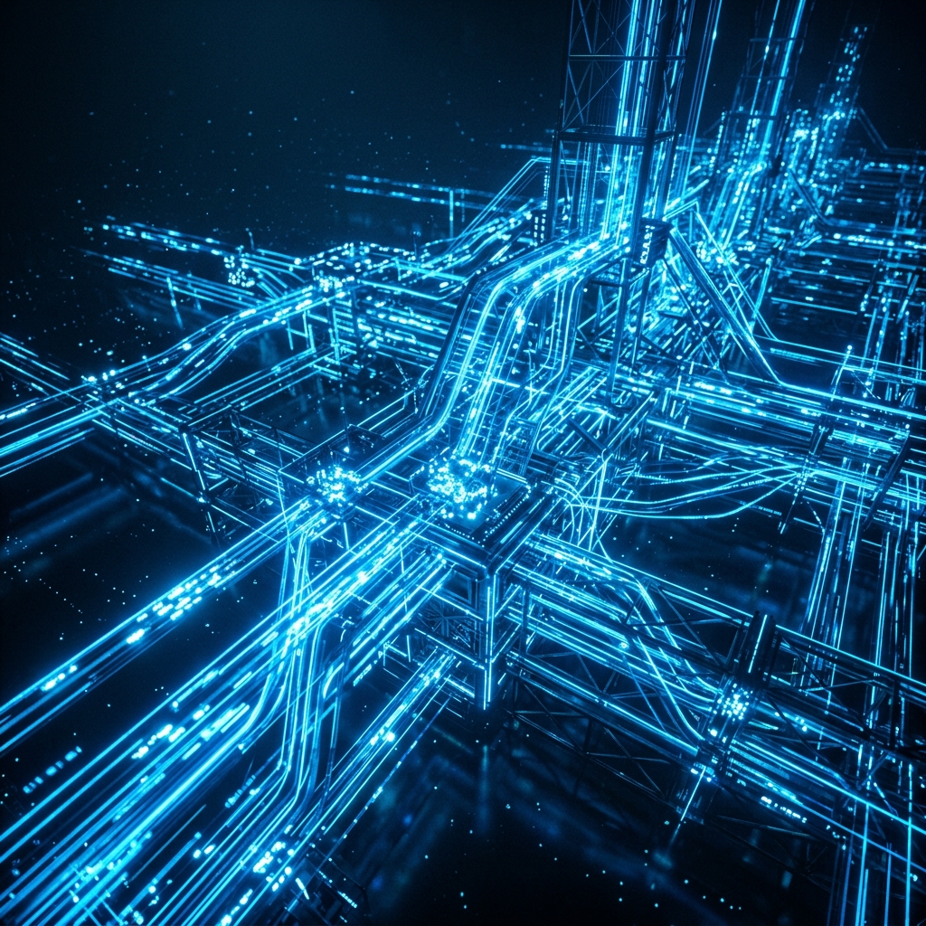 A cinematic abstract visualization of internet data routing and fast glowing neon blue links forming a sturdy interconnected futuristic structure, 3d render, top tier quality, trending on artstation